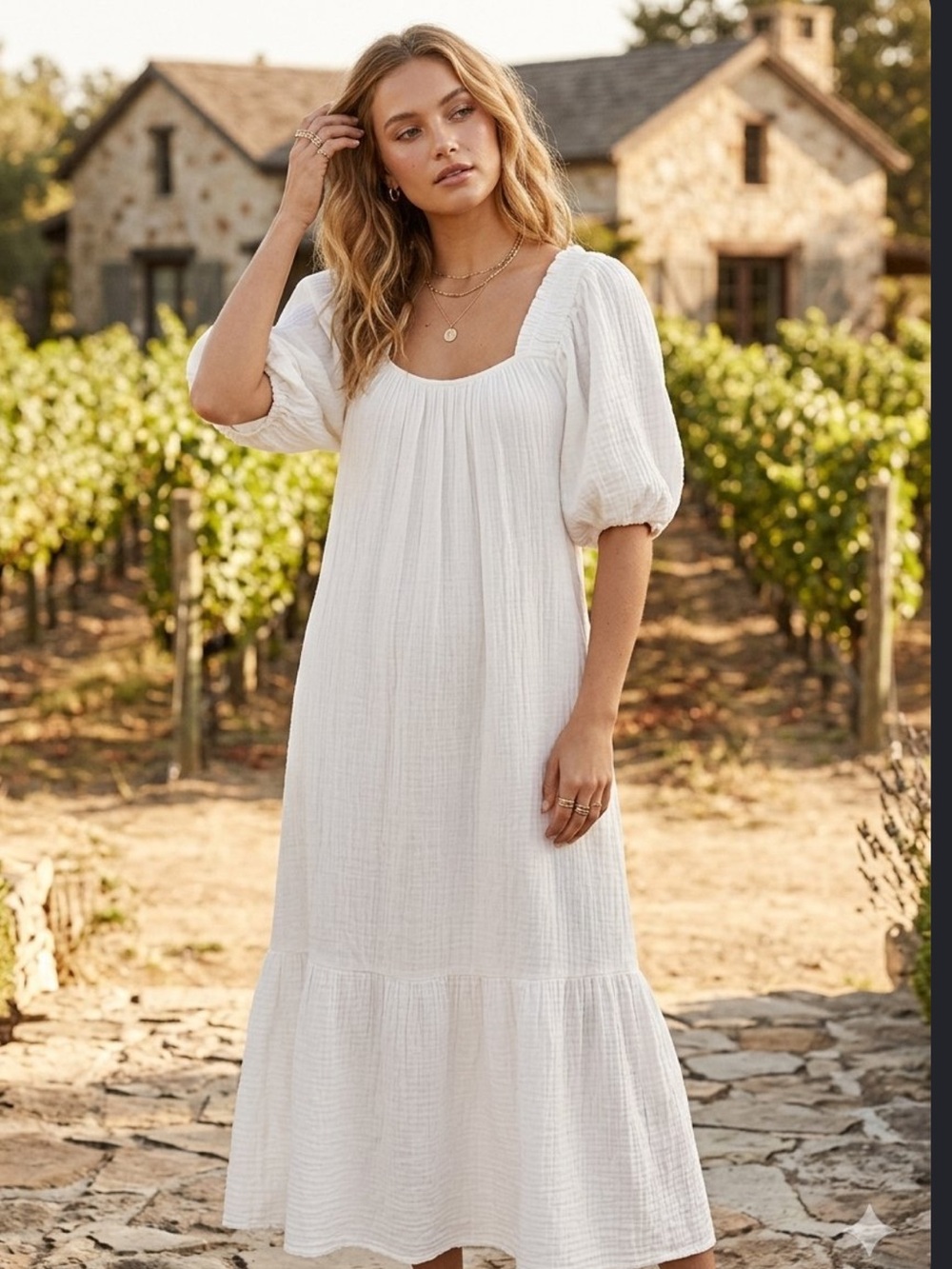 XiRENA Sofia Cotton Gauze Midi Dress White Size S Small Boho Puff Sleeve Ruffle
